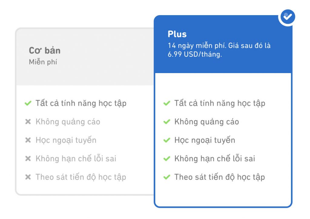 Tính năng tài khoản duolingo miễn phí và trả phí